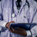 healthcare professional with clipboard checking certification documents