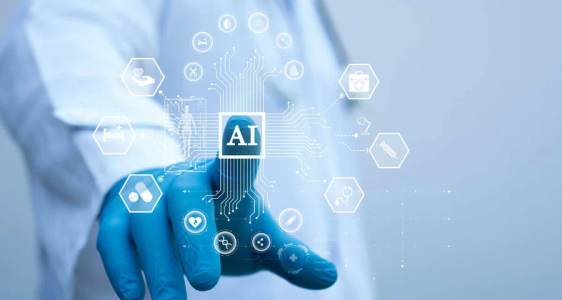medical professional with blue glove pointing to AI icon among various other health icons