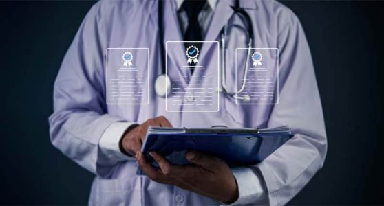 healthcare professional with clipboard checking certification documents